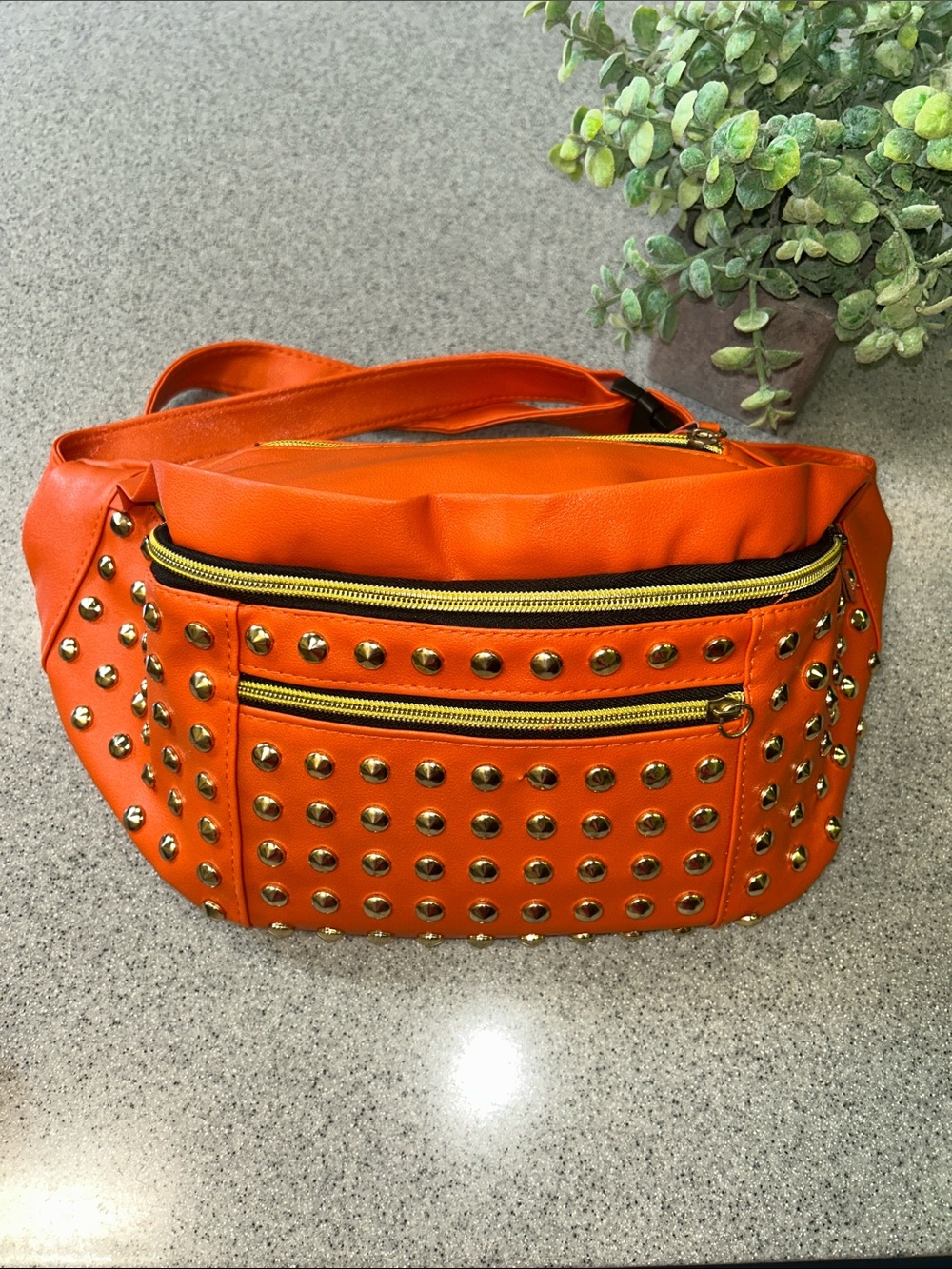 LARGE VEGAN LEATHER Orange Studded Women's Crossbody Belt Bag